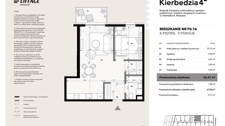 Rzut - Mieszkanie na sprzedaż 2 pokoje o powierzchni 46,41 m² - numer P6.16 w Kierbedzia 4