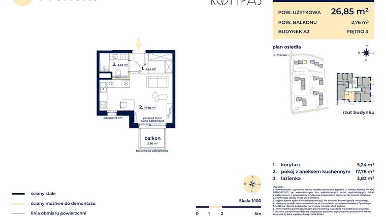 Rzut - Mieszkanie na sprzedaż 1 pokój o powierzchni 26,87 m² - numer A313 w Osiedle Kompas