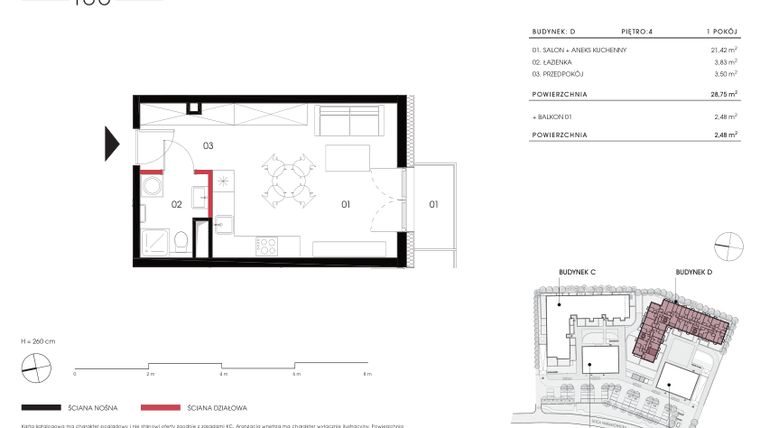 Rzut - Mieszkanie na sprzedaż 1 pokój o powierzchni 28,75 m² - numer D 4.03 w Naramowicka 100