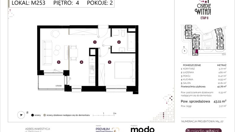 Rzut - Mieszkanie na sprzedaż 2 pokoje o powierzchni 43,11 m² - numer M253 w Osiedle Witaj etap II