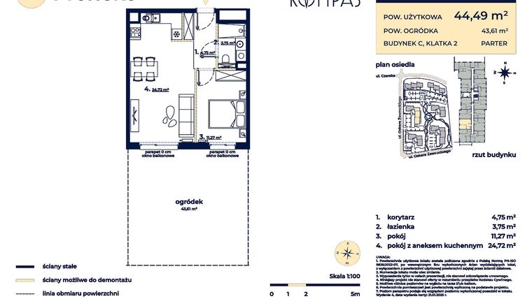 Rzut - Mieszkanie na sprzedaż 2 pokoje o powierzchni 44,49 m² - numer C37 w Osiedle Kompas