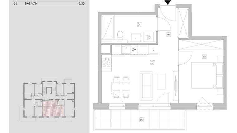 Rzut - Mieszkanie na sprzedaż 2 pokoje o powierzchni 37,18 m² - numer 98.1.05 w ATAL Bronowice