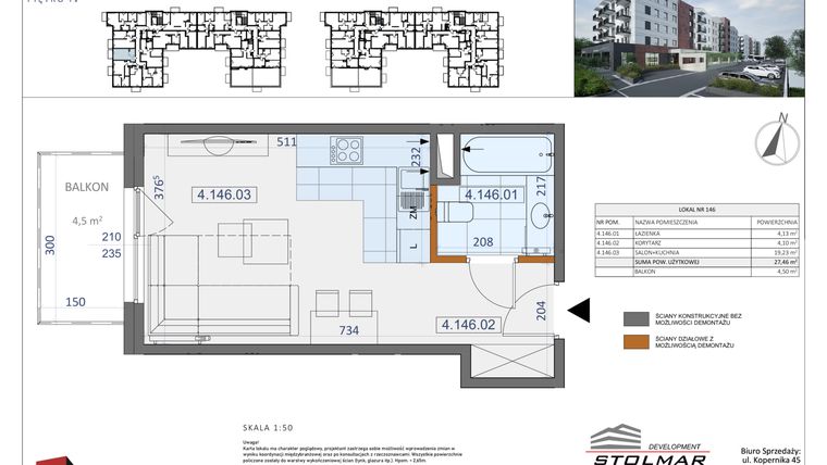 Rzut - Mieszkanie na sprzedaż 1 pokój o powierzchni 27,46 m² - numer 146 w Osiedle Zycha