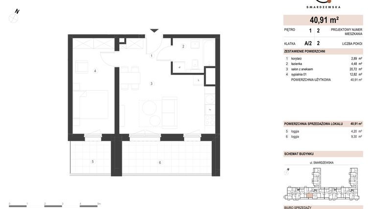 Rzut - Mieszkanie na sprzedaż 2 pokoje o powierzchni 40,91 m² - numer A/2/1.2 w Smardzewska 8