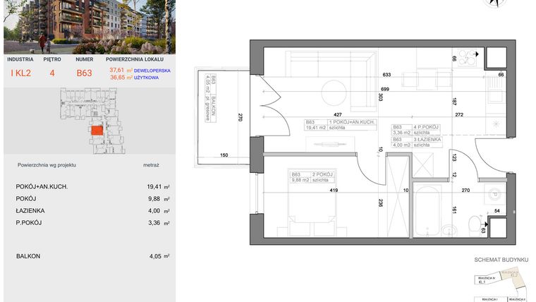 Rzut - Mieszkanie na sprzedaż 2 pokoje o powierzchni 36,65 m² - numer I-B63 w Industria etap I-B