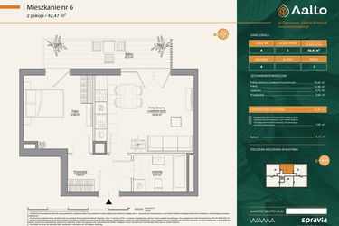 Rzut - Mieszkanie na sprzedaż 2 pokoje o powierzchni 42,47 m² - numer A.6 w Aalto