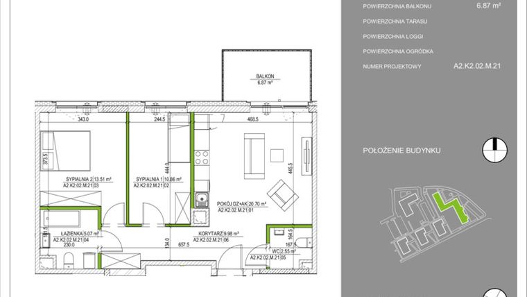 Rzut - Mieszkanie na sprzedaż 3 pokoje o powierzchni 65,22 m² - numer A2.21 w Osiedle Naturalnie