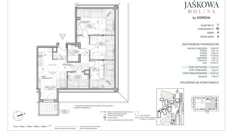 Rzut - Mieszkanie na sprzedaż 4 pokoje o powierzchni 76,32 m² - numer 7.A.16 w Villa Jaśkowa Dolina etap II
