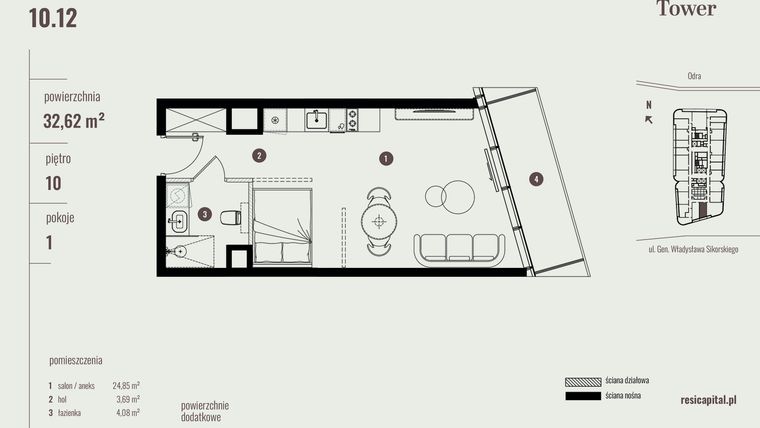 Rzut - Mieszkanie na sprzedaż 1 pokój o powierzchni 32,62 m² - numer 10.12 w Quorum Tower