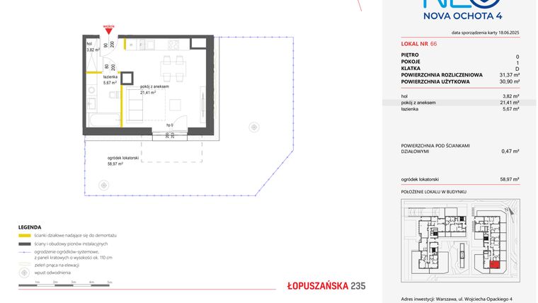 Rzut - Mieszkanie na sprzedaż 1 pokój o powierzchni 31,37 m² - numer 66 w Neo Nova Ochota 4