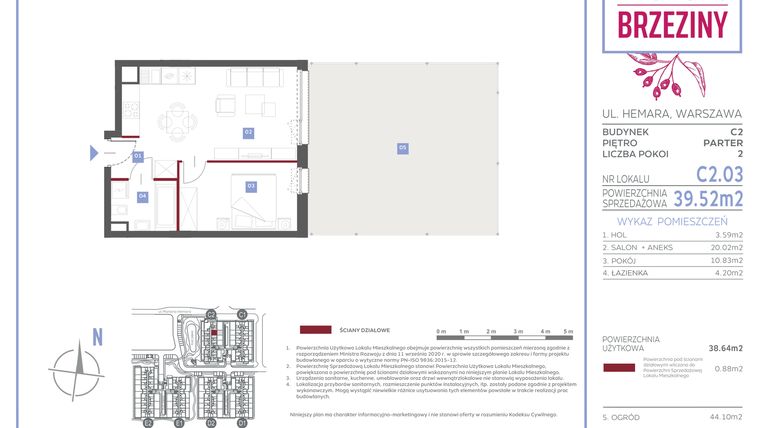Rzut - Mieszkanie na sprzedaż 2 pokoje o powierzchni 39,52 m² - numer C2.03 w Miasteczko Brzeziny II