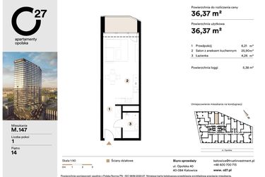 Rzut - Mieszkanie na sprzedaż 1 pokój o powierzchni 36,37 m² - numer M.147 w O27 Apartamenty Opolska