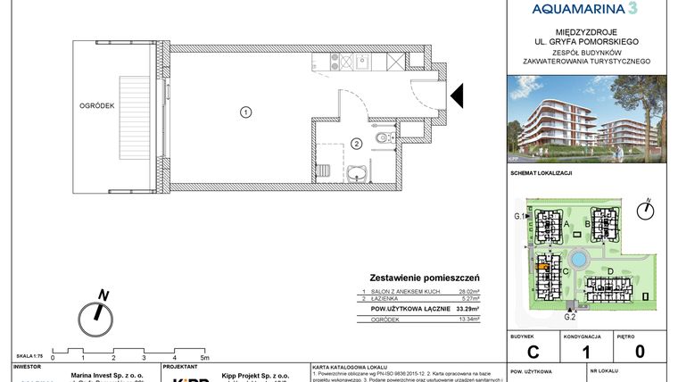 Rzut - Mieszkanie na sprzedaż 1 pokój o powierzchni 33,29 m² - numer C1.04 w Aquamarina 3