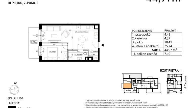 Rzut - Mieszkanie na sprzedaż 2 pokoje o powierzchni 44,97 m² - numer M49 w Finezja