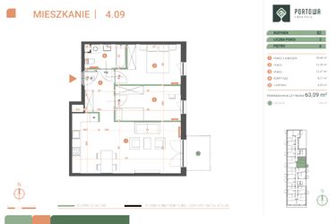 Rzut - Mieszkanie na sprzedaż 3 pokoje o powierzchni 63,09 m² - numer M.04.09 w Casa Feliz Portowa