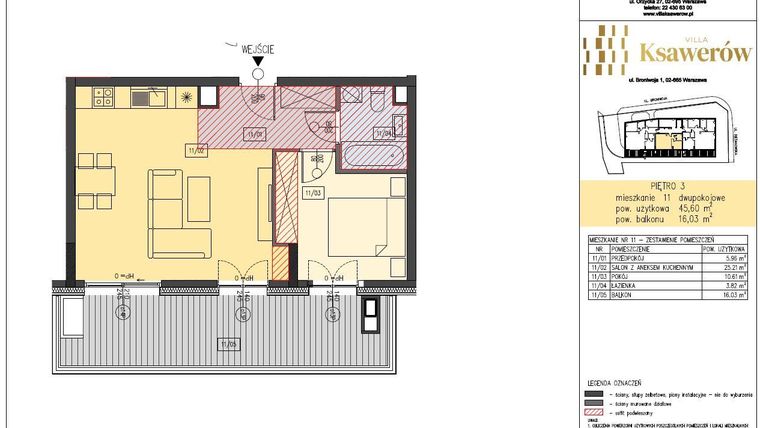 Rzut - Mieszkanie na sprzedaż 2 pokoje o powierzchni 45,6 m² - numer M11 w Villa Ksawerów