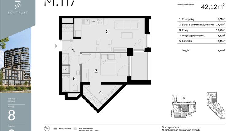 Rzut - Mieszkanie na sprzedaż 2 pokoje o powierzchni 42,12 m² - numer M117 w Sky Trust etap II