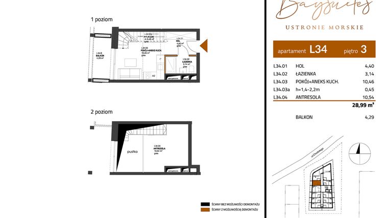 Rzut - Mieszkanie na sprzedaż 2 pokoje o powierzchni 28,99 m² - numer AP.3.34 w Baysuites