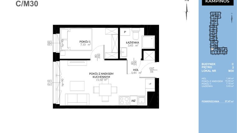 Rzut - Mieszkanie na sprzedaż 2 pokoje o powierzchni 27,47 m² - numer C_M30 w Triton Kampinos Klatka B i C