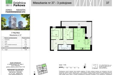 Rzut - Mieszkanie na sprzedaż 3 pokoje o powierzchni 52,67 m² - numer 37/B8 w Dzielnica Parkowa VIII
