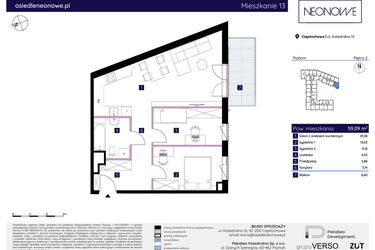 Rzut - Mieszkanie na sprzedaż 3 pokoje o powierzchni 59,09 m² - numer 15/13 w Osiedle Neonowe