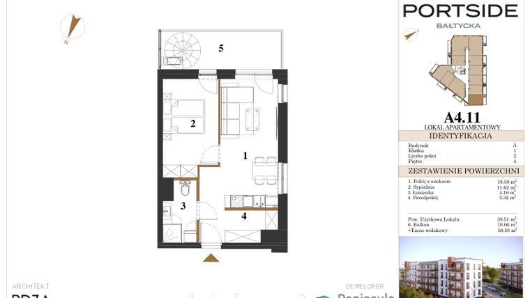 Rzut - Mieszkanie na sprzedaż 2 pokoje o powierzchni 39,51 m² - numer A4.11 w Portside Bałtycka