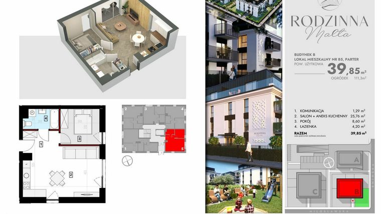 Rzut - Mieszkanie na sprzedaż 2 pokoje o powierzchni 39,85 m² - numer B5 w Rodzinna Malta