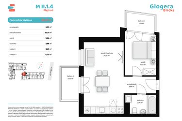 Rzut - Mieszkanie na sprzedaż 2 pokoje o powierzchni 38,55 m² - numer M II.1.4 w Glogera Bricks