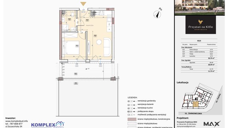 Rzut - Mieszkanie na sprzedaż 2 pokoje o powierzchni 30,87 m² - numer M2 w Przystań na Klifie