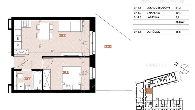 Rzut - Mieszkanie na sprzedaż 2 pokoje o powierzchni 35,3 m² - numer 014 w Szczecińska 20