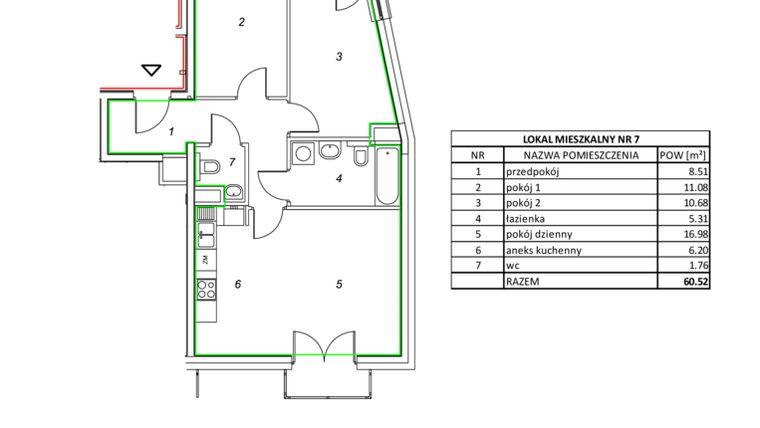 Rzut - Mieszkanie na sprzedaż 3 pokoje o powierzchni 60,52 m² - numer 7 w Nowa Pszczelna