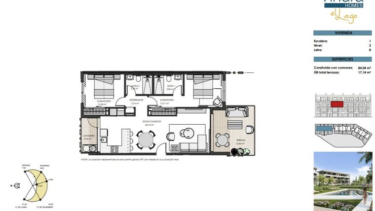 Rzut - Mieszkanie na sprzedaż 2 pokoje o powierzchni 84 m² - numer 2F w Tindra Homes el Lago