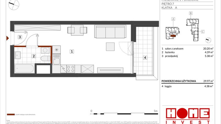 Rzut - Mieszkanie na sprzedaż 1 pokój o powierzchni 29,97 m² - numer B2-A060 w Warszawski Świt etap IX