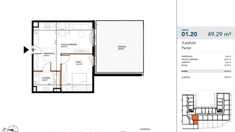 Rzut - Mieszkanie na sprzedaż 2 pokoje o powierzchni 49,28 m² - numer 01.20 w Czysta 4