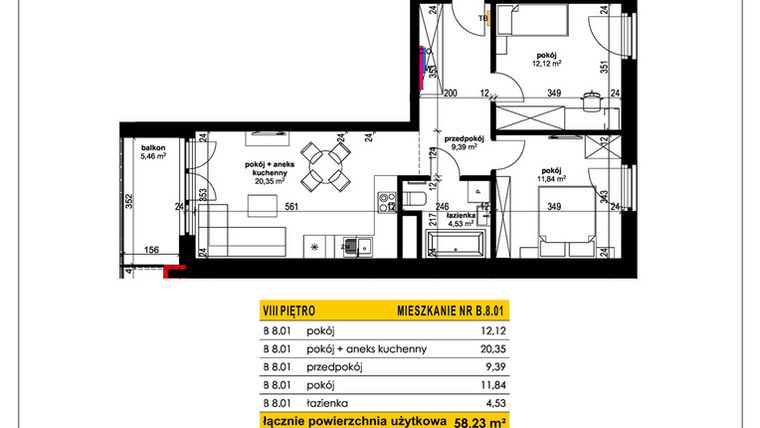 Rzut - Mieszkanie na sprzedaż 3 pokoje o powierzchni 58,23 m² - numer B 8.01 w Park Moniuszki II C