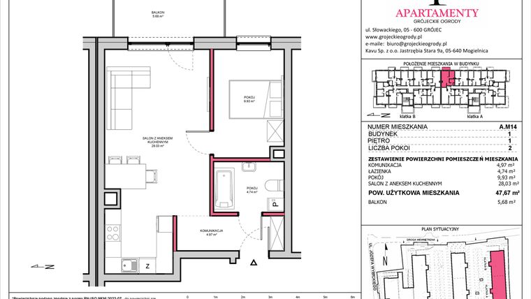 Rzut - Mieszkanie na sprzedaż 2 pokoje o powierzchni 47,67 m² - numer A.14 w Apartamenty Grójeckie Ogrody