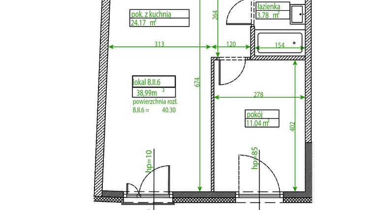 Rzut - Mieszkanie na sprzedaż 2 pokoje o powierzchni 38,93 m² - numer B.II.6 w Osiedle Opolska
