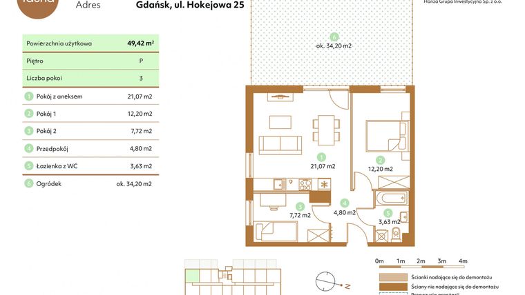 Rzut - Mieszkanie na sprzedaż 3 pokoje o powierzchni 49,42 m² - numer D13-P w Fauna