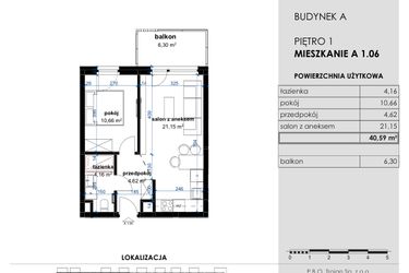 Rzut - Mieszkanie na sprzedaż 2 pokoje o powierzchni 40,59 m² - numer A 1.06 w Osiedle Kwiatowe