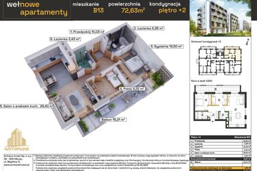 Rzut - Mieszkanie na sprzedaż 3 pokoje o powierzchni 72,63 m² - numer B13 w Osiedle Wełnowe Apartamenty