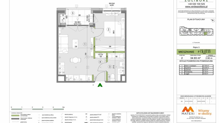 Rzut - Mieszkanie na sprzedaż 2 pokoje o powierzchni 34,93 m² - numer F1.B.03.03 w Verdea Żoliborz