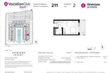 Rzut - Mieszkanie na sprzedaż 1 pokój o powierzchni 22,8 m² - numer 211 w VacationClub Resort