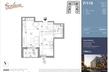 Rzut - Mieszkanie na sprzedaż 2 pokoje o powierzchni 43,31 m² - numer F119 w Goplana budynek F