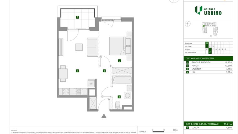 Rzut - Mieszkanie na sprzedaż 2 pokoje o powierzchni 41,61 m² - numer 10 w Osiedle Urbino etap 1.4