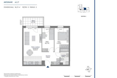 Rzut - Mieszkanie na sprzedaż 3 pokoje o powierzchni 58,27 m² - numer A.2.7 w Linea bud. A