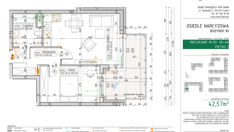Rzut - Mieszkanie na sprzedaż 2 pokoje o powierzchni 42,57 m² - numer N1.10 w Osiedle Narcyzowe etap 2