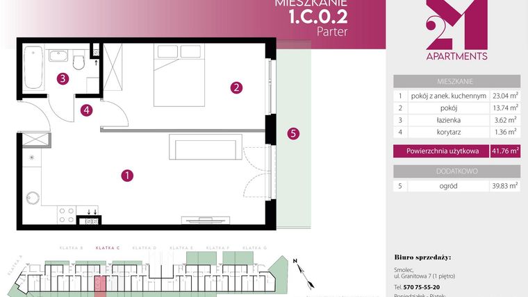 Rzut - Mieszkanie na sprzedaż 2 pokoje o powierzchni 41,76 m² - numer 1.C.0.2 w 2M Apartments etap IV