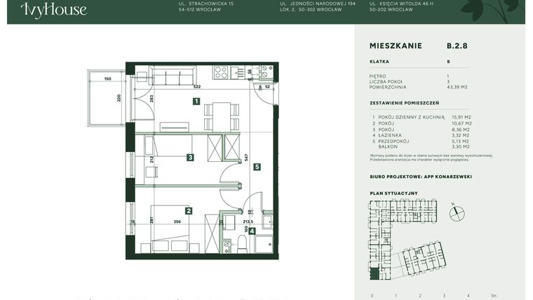 Rzut - Mieszkanie na sprzedaż 3 pokoje o powierzchni 43,39 m² - numer B.2.8 w IVY HOUSE