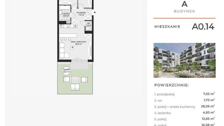 Rzut - Mieszkanie na sprzedaż 3 pokoje o powierzchni 65,49 m² - numer A0.14 w Enklawa Bukowa