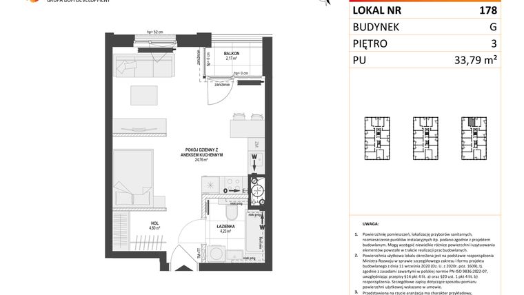 Rzut - Mieszkanie na sprzedaż 1 pokój o powierzchni 33,79 m² - numer G.178 w DOKI etap II (bud. G)